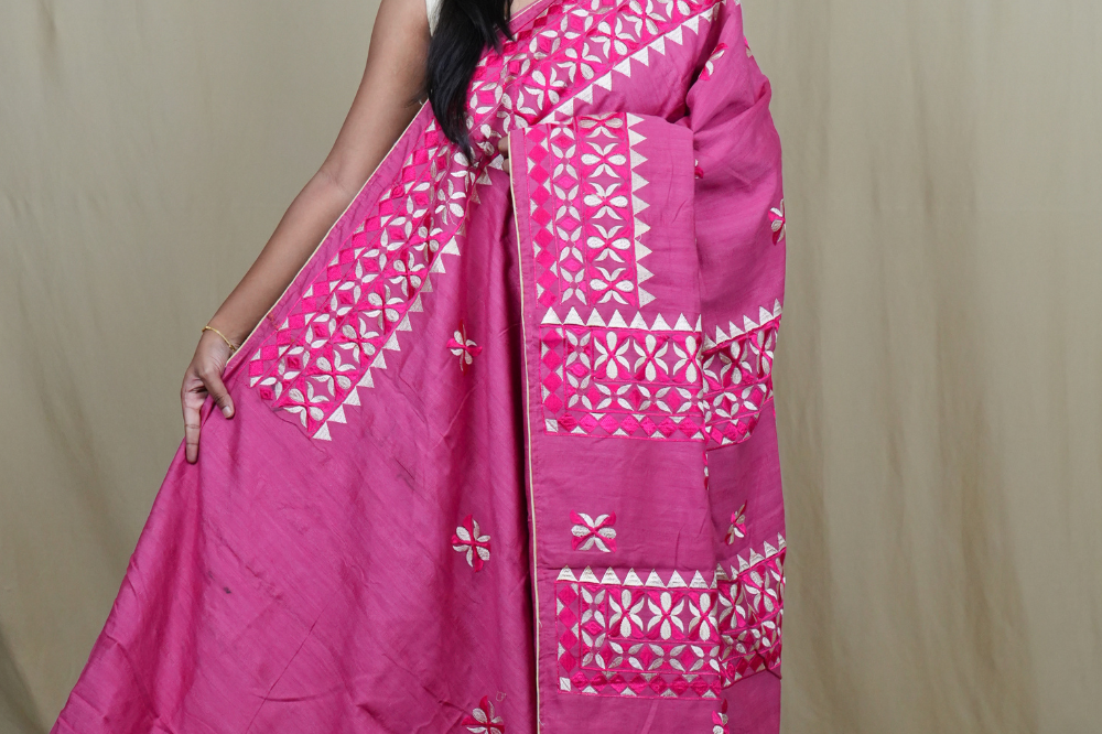 Semi Tussar silk saree with all-over thread embroidered motifs and beautiful borders.
