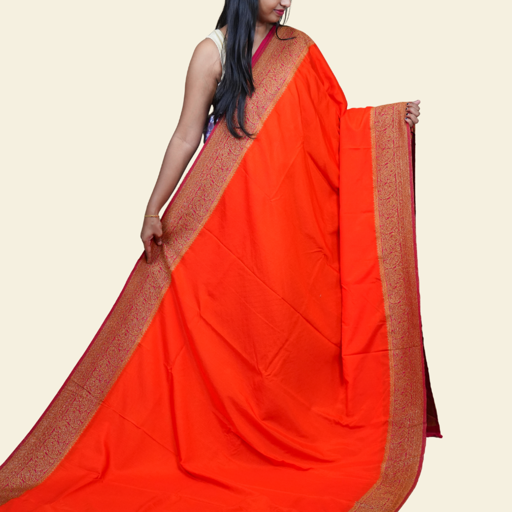 Elegant Banarasi saree featuring textured dupion silk and contrast brocade blouse
