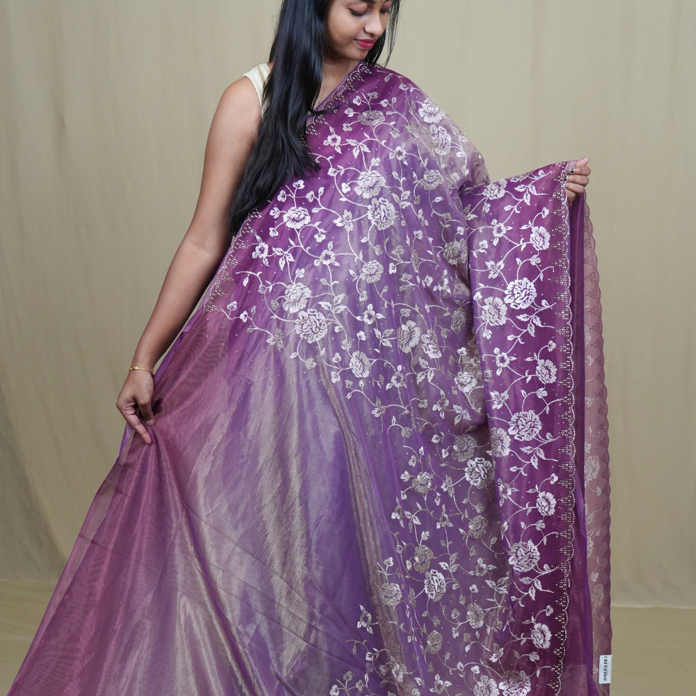 Wedding guest tissue net saree paired with running blouse piece suitable for festive occasions.