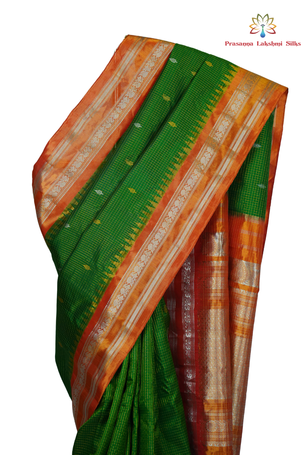 Handloom Gadwal pure tissue silk saree with intricate zari motifs and muniya borders.
