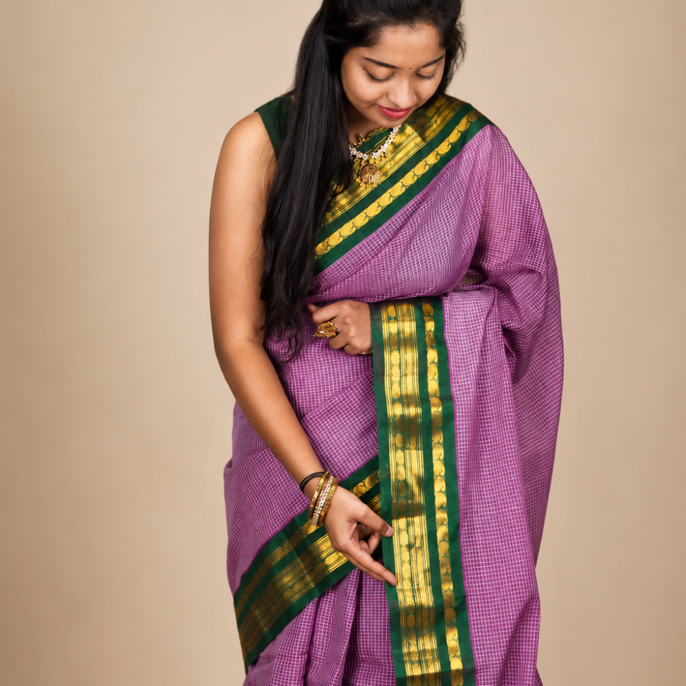 Lightweight Gadwal cotton saree featuring elegant zari border and striped pallu design.
