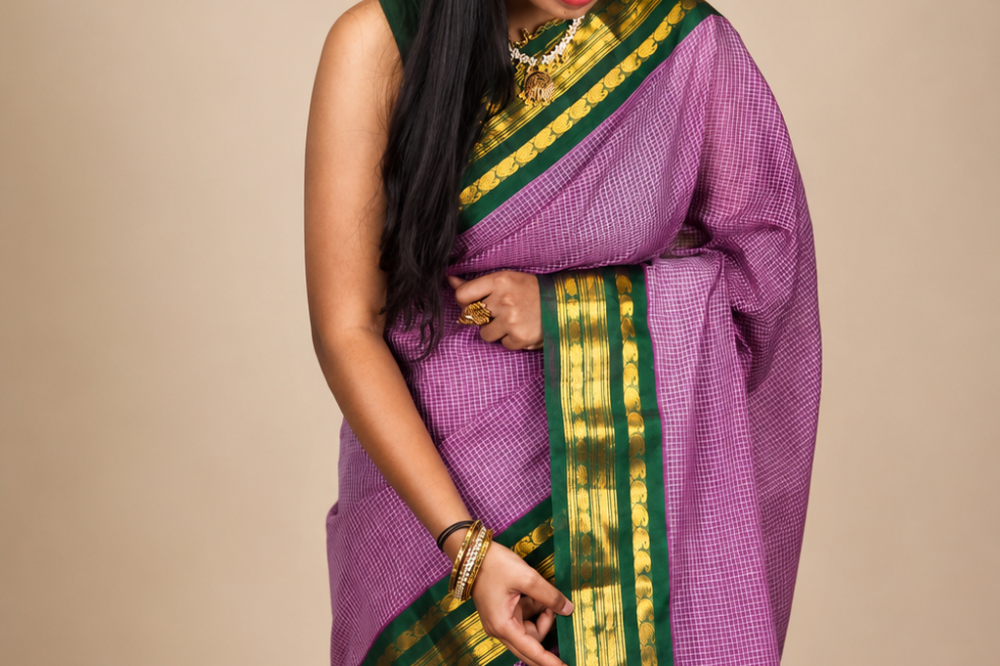 Lightweight Gadwal cotton saree featuring elegant zari border and striped pallu design.
