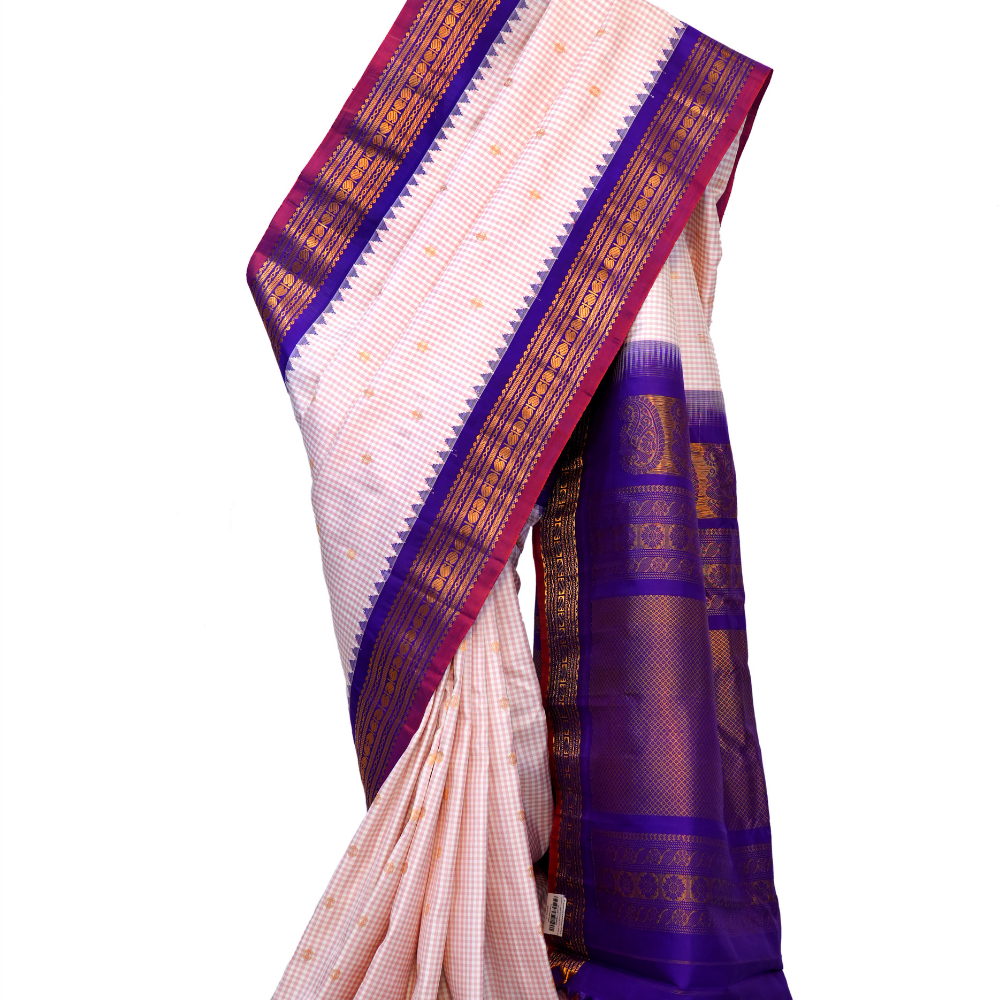 Handloom Gadwal pure silk saree with classic checks pattern and rich zari brocade pallu.
