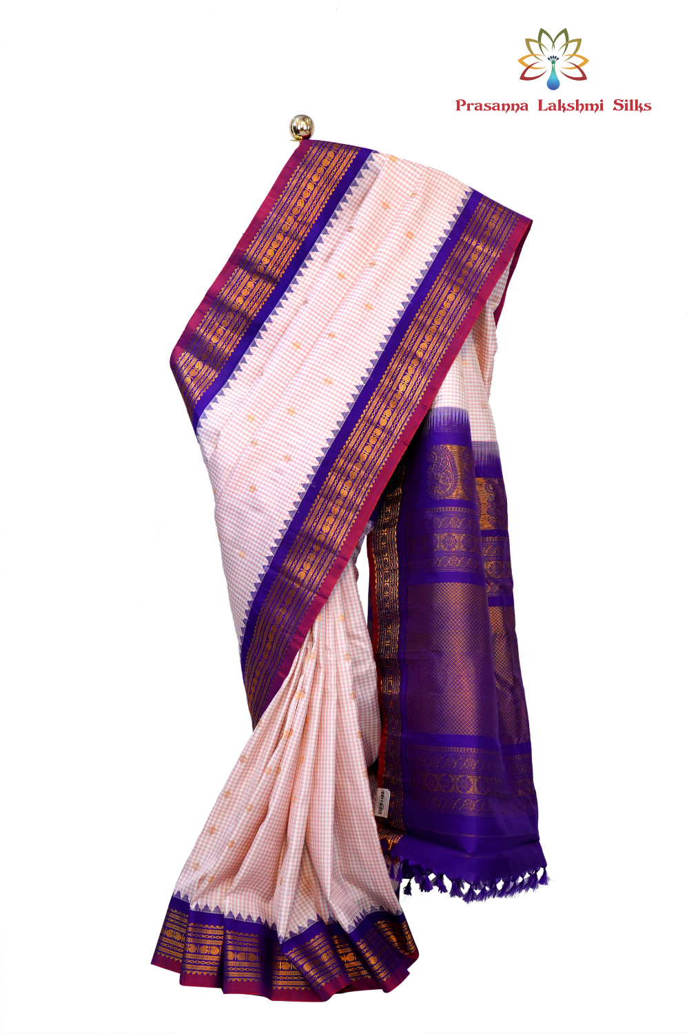 Handloom Gadwal pure silk saree with classic checks pattern and rich zari brocade pallu.
