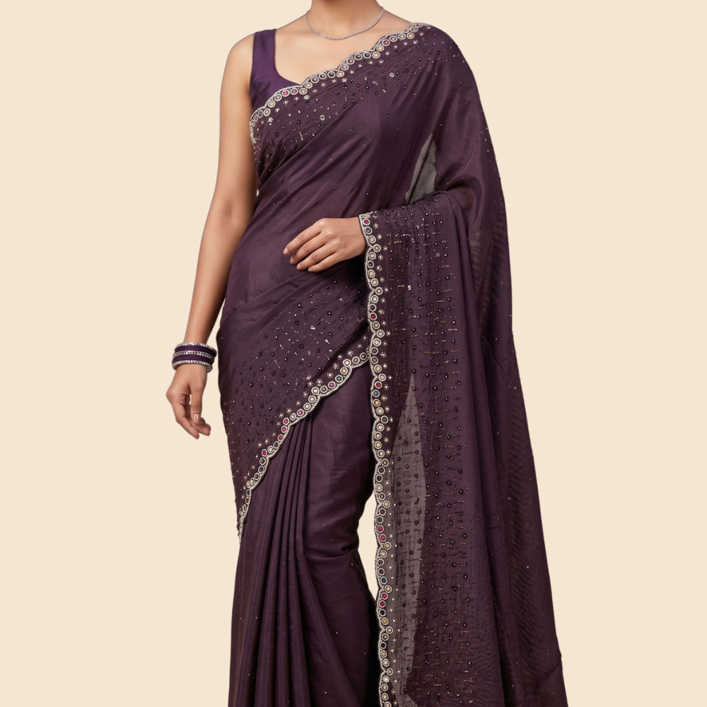 Designer Chinon Silk saree with floral sequin work
