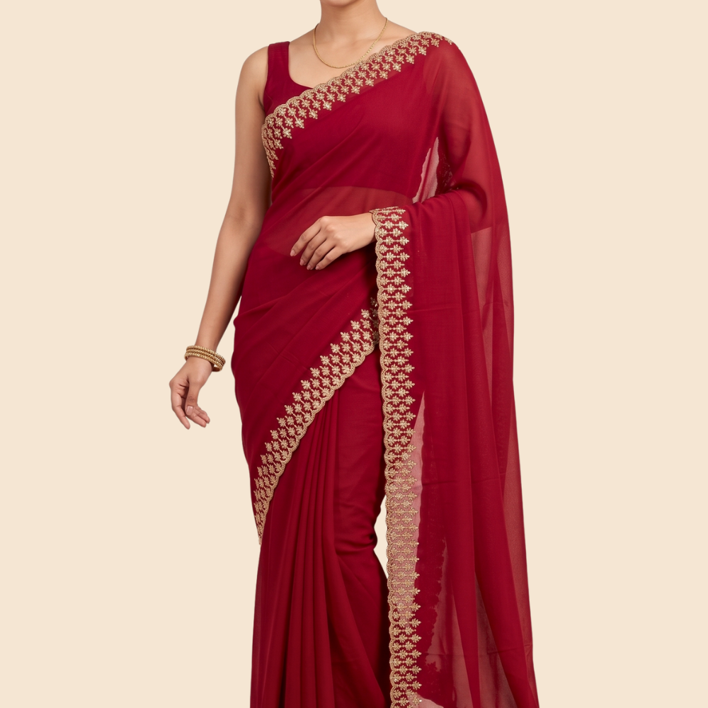 Georgette saree with intricate beads and stone cutwork border
