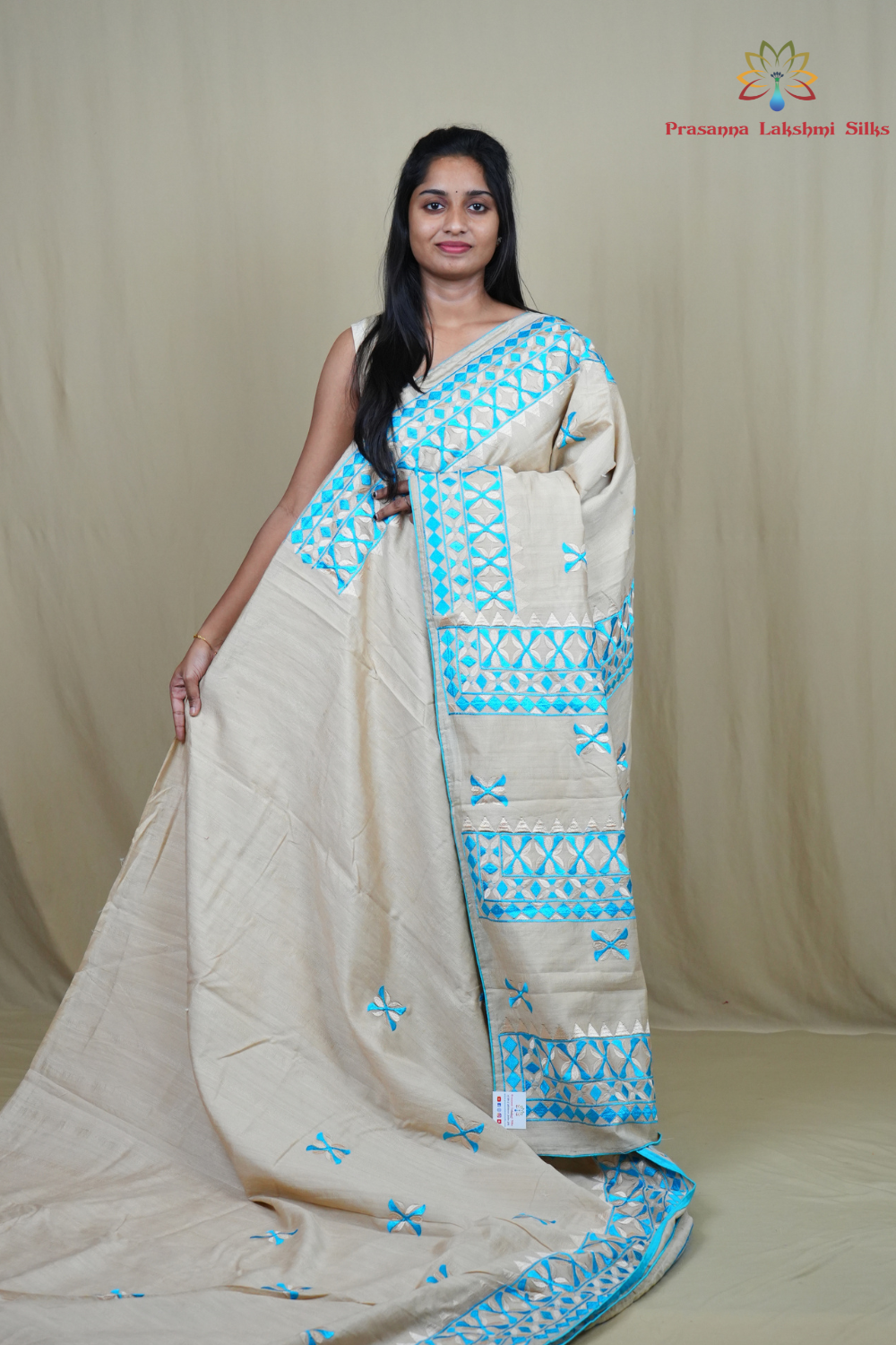 Semi Tussar silk saree with all-over thread embroidered motifs and beautiful borders.

