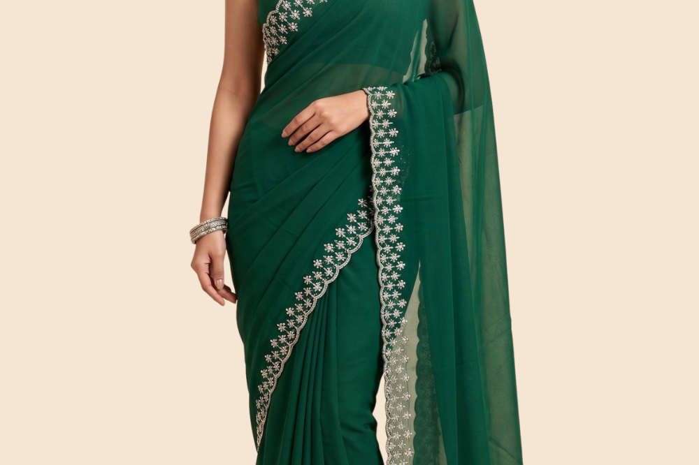 Georgette saree with intricate beads and stone cutwork border
