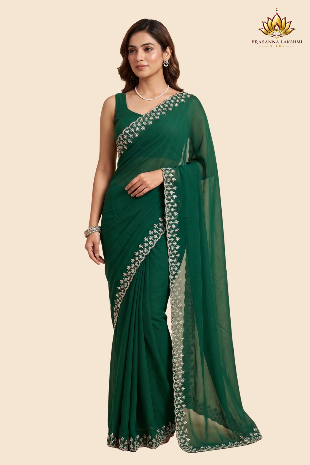 Georgette saree with intricate beads and stone cutwork border

