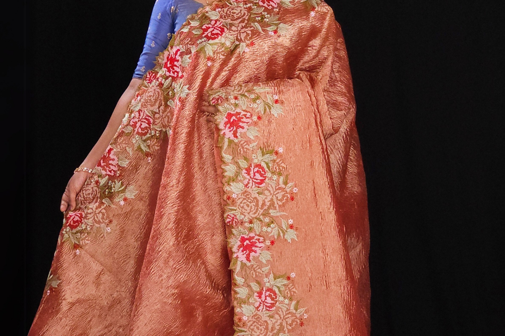 rust red Designer tissue saree with cutwork borders