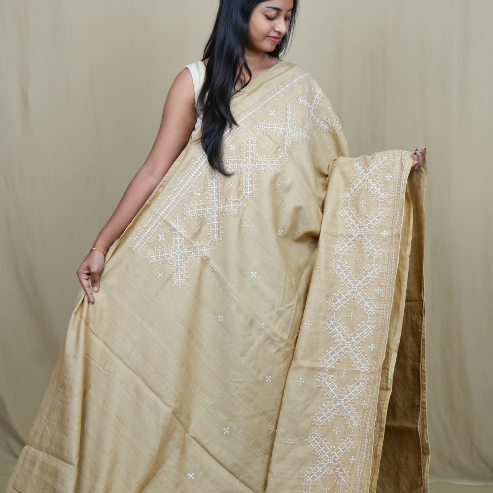 Traditional semi Tussar saree suitable for festive occasions with intricate Kutch work detailing.