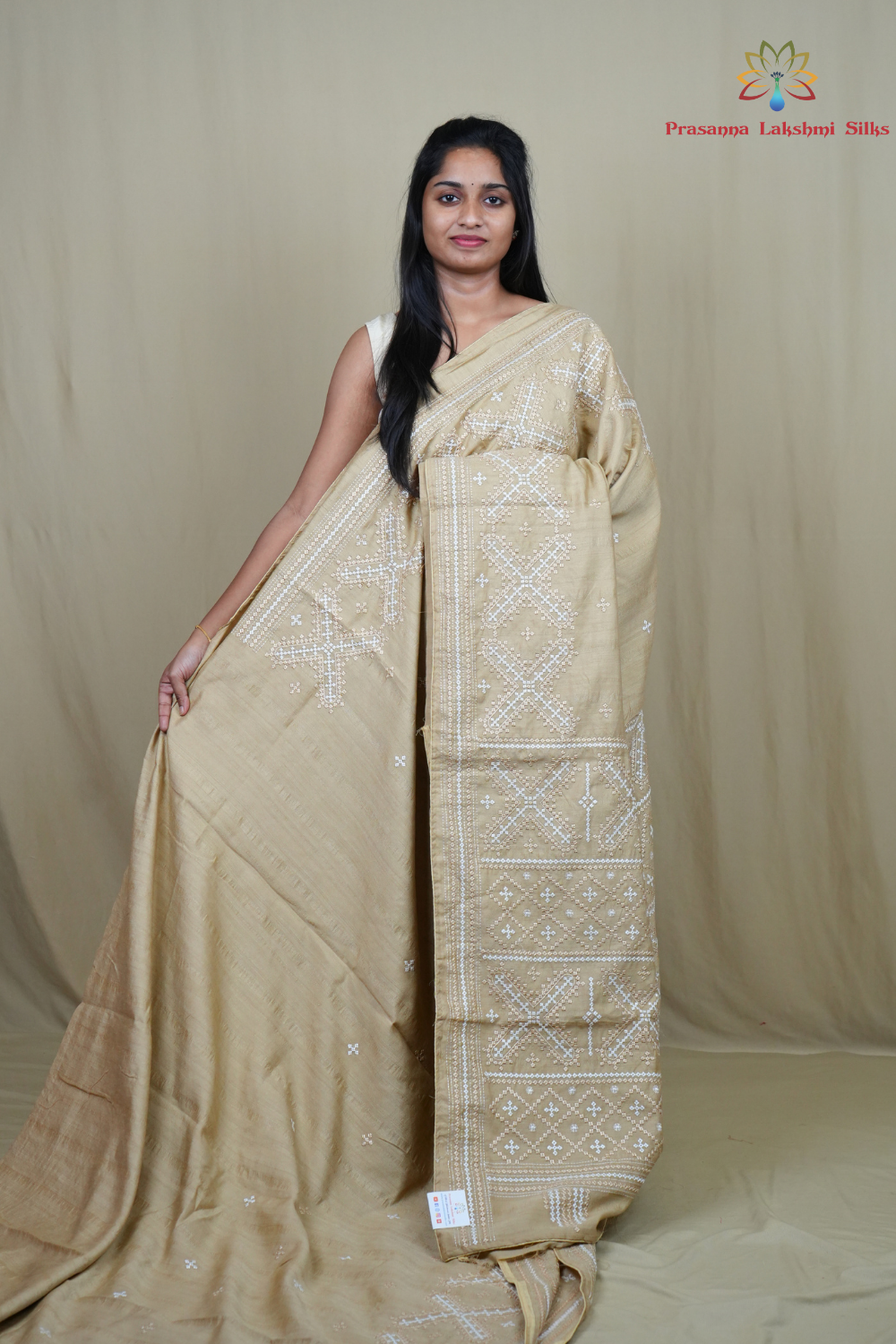 Semi Tussar silk saree with all-over small Kutch work motifs and beautiful borders.
