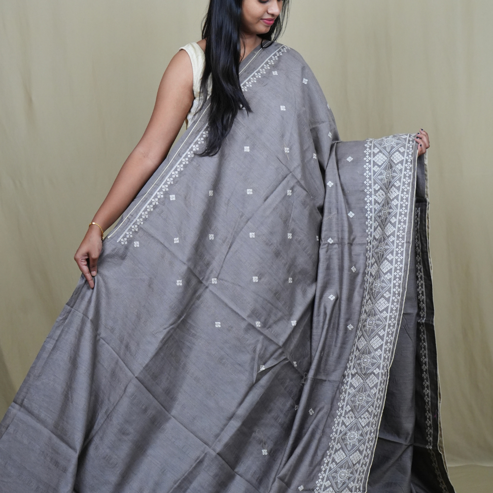 Traditional semi Tussar saree suitable for festive occasions with intricate Kutch work detailing.