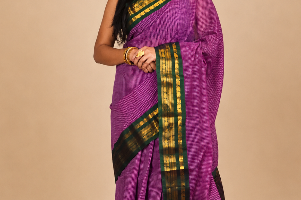 Pure handloom Gadwal cotton saree with traditional zari woven borders and simple zari stripes pallu.
