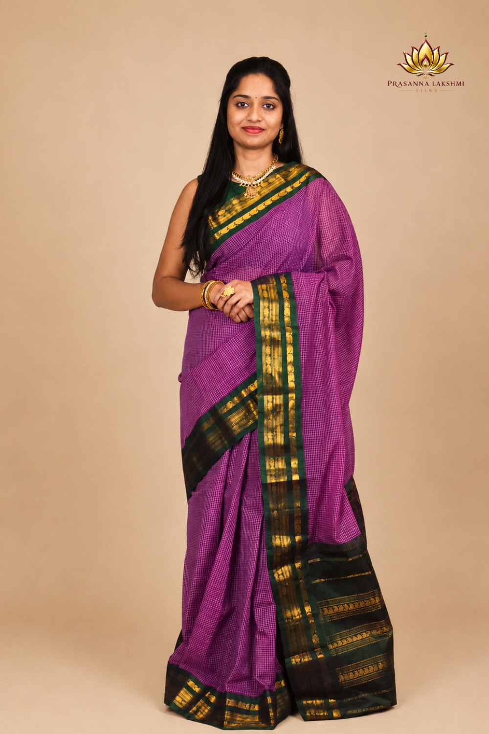 Pure handloom Gadwal cotton saree with traditional zari woven borders and simple zari stripes pallu.
