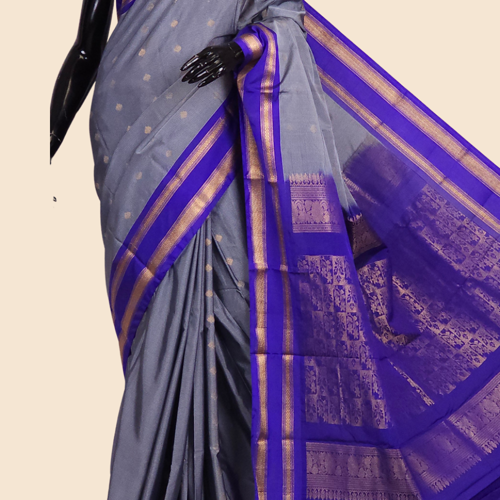 Semi Gadwal saree with horizontal zari motif stripes and zari woven gap borders
