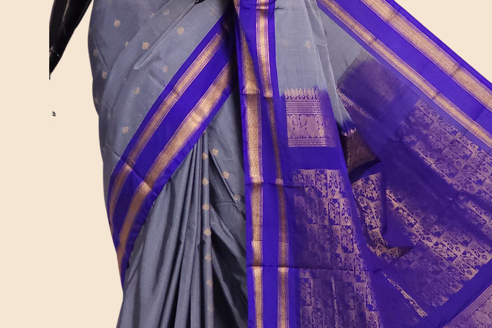 Semi Gadwal saree with horizontal zari motif stripes and zari woven gap borders
