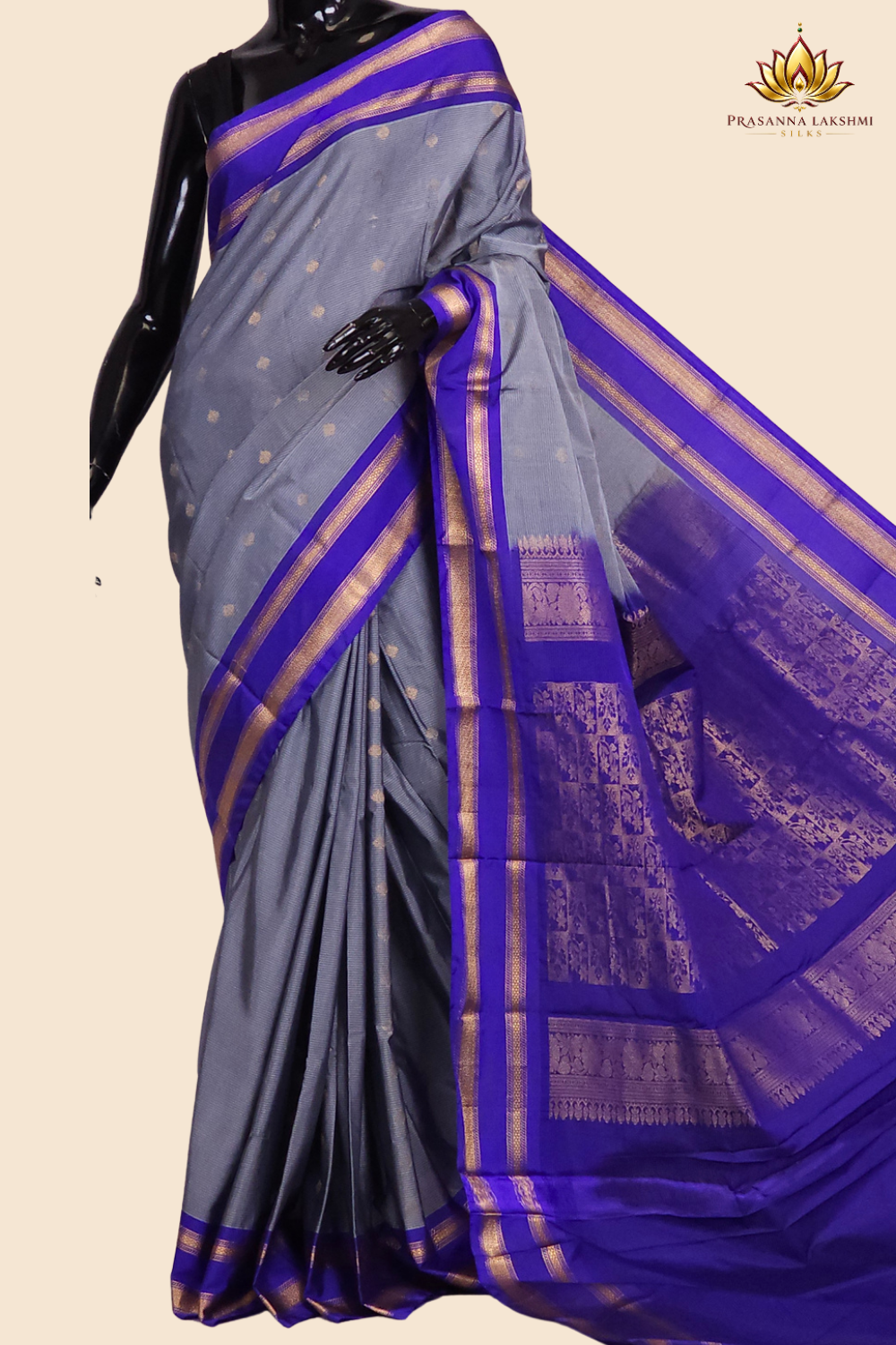 Semi Gadwal saree with horizontal zari motif stripes and zari woven gap borders
