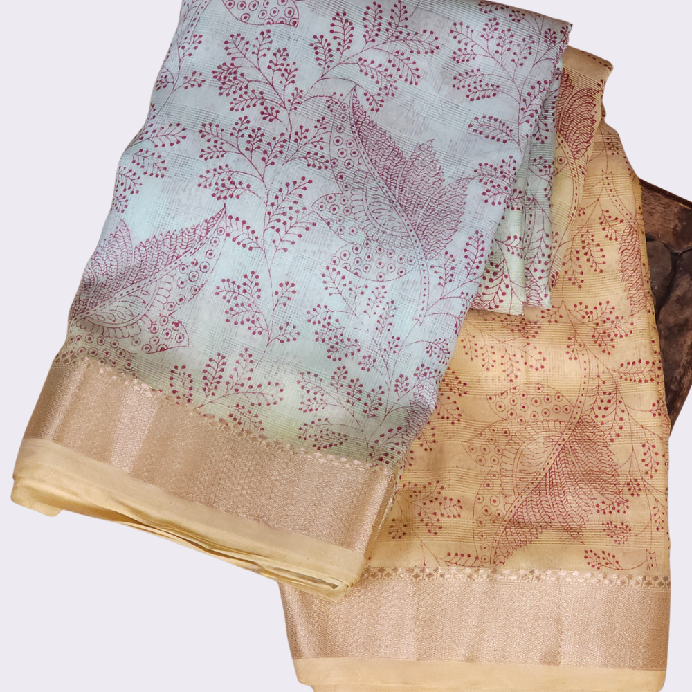 Elegant  dual colour linen saree with floral print and matching plain blouse piece.