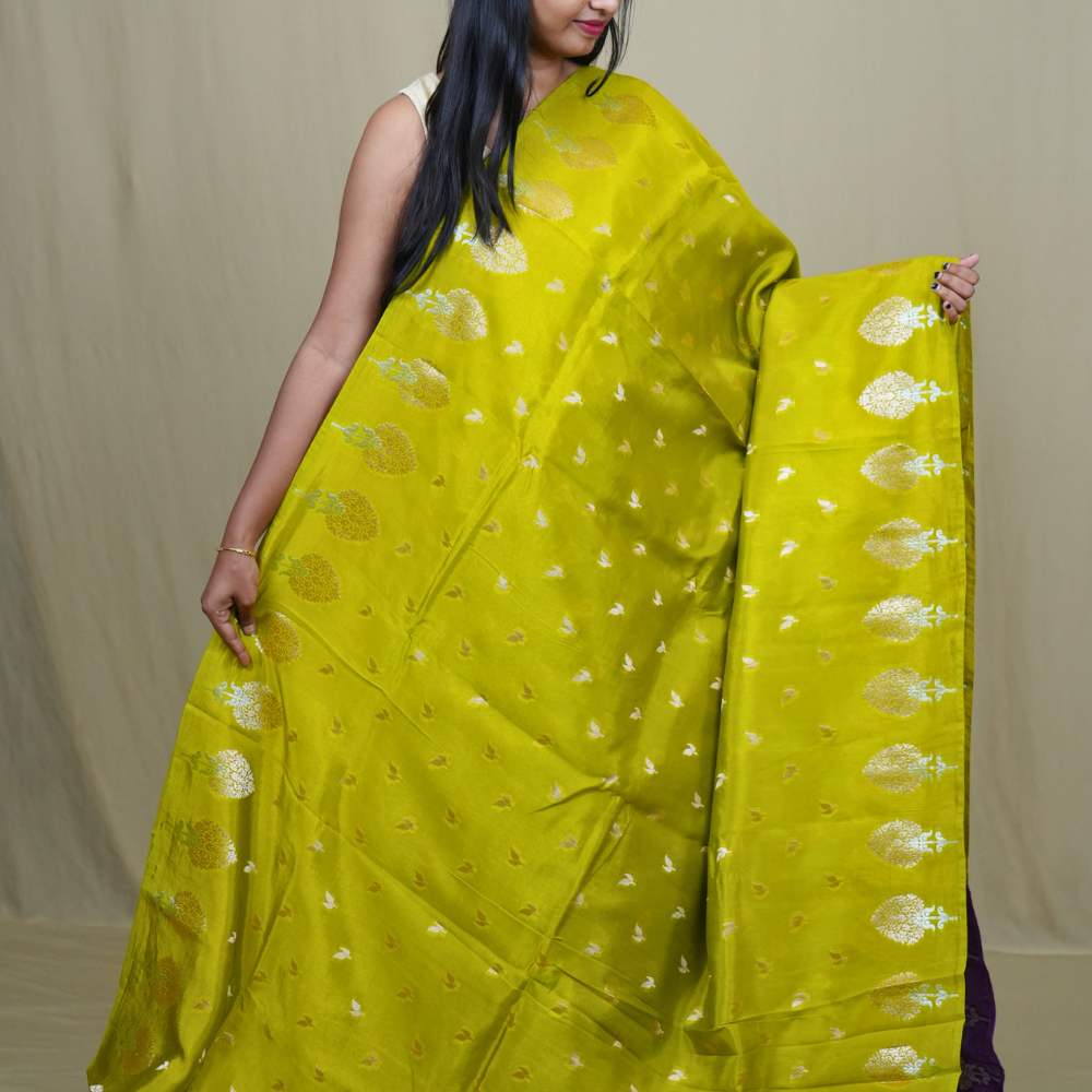 Traditional Banarasi silk saree featuring rich brocade pallu and matching brocade blouse.
