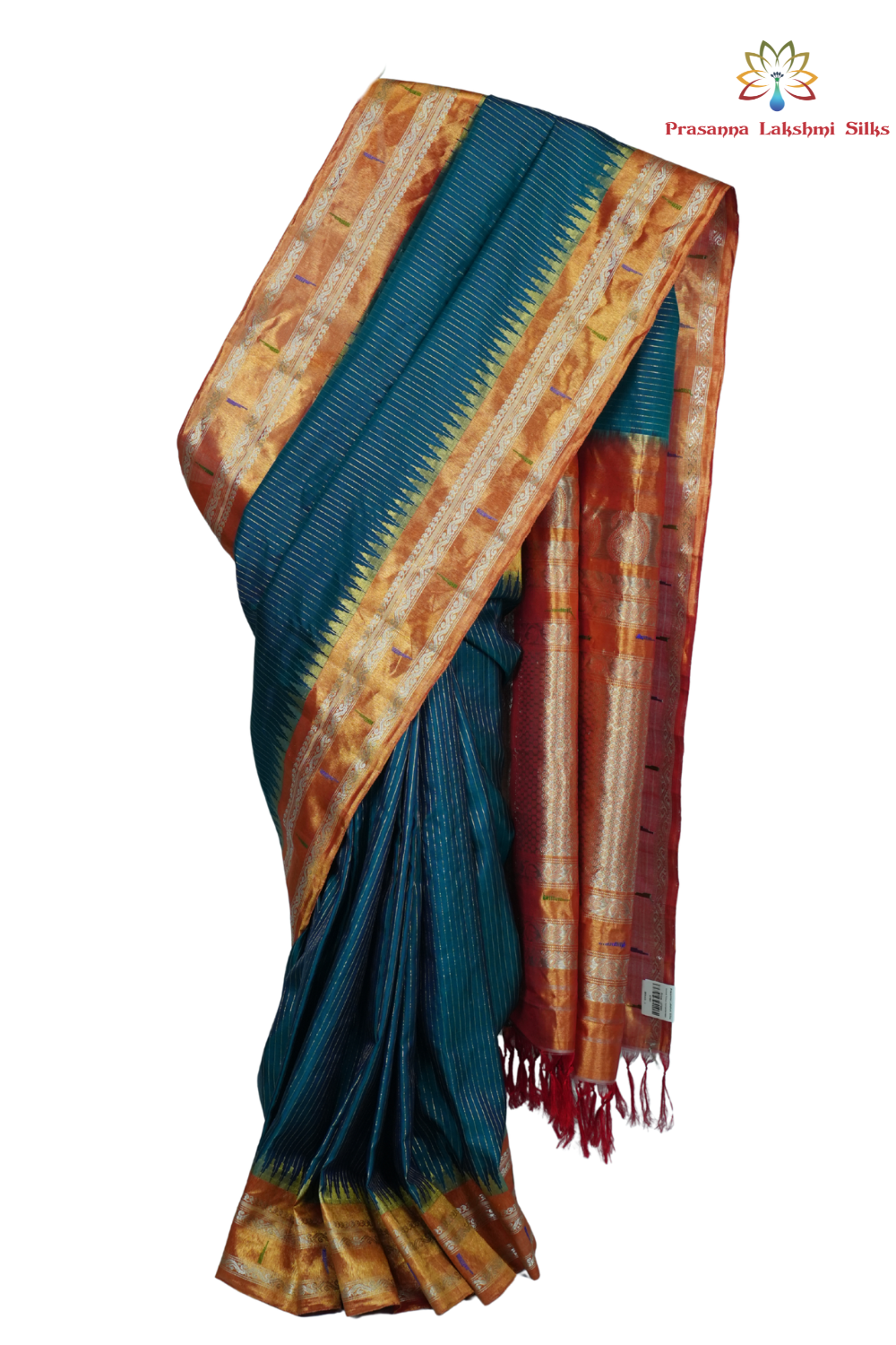 Handloom Gadwal pure tissue silk saree with intricate zari motifs and muniya borders.

