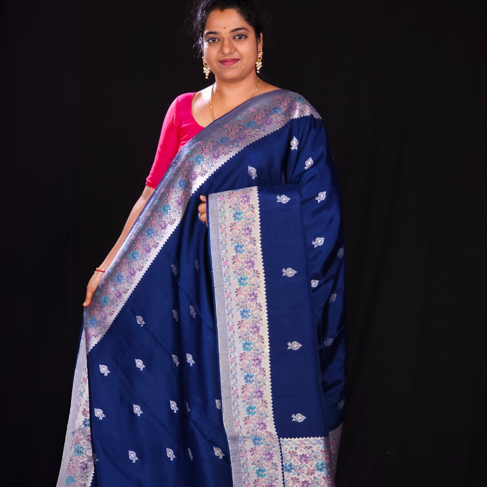 Prussian Blue and Red tussar georgette saree for parties