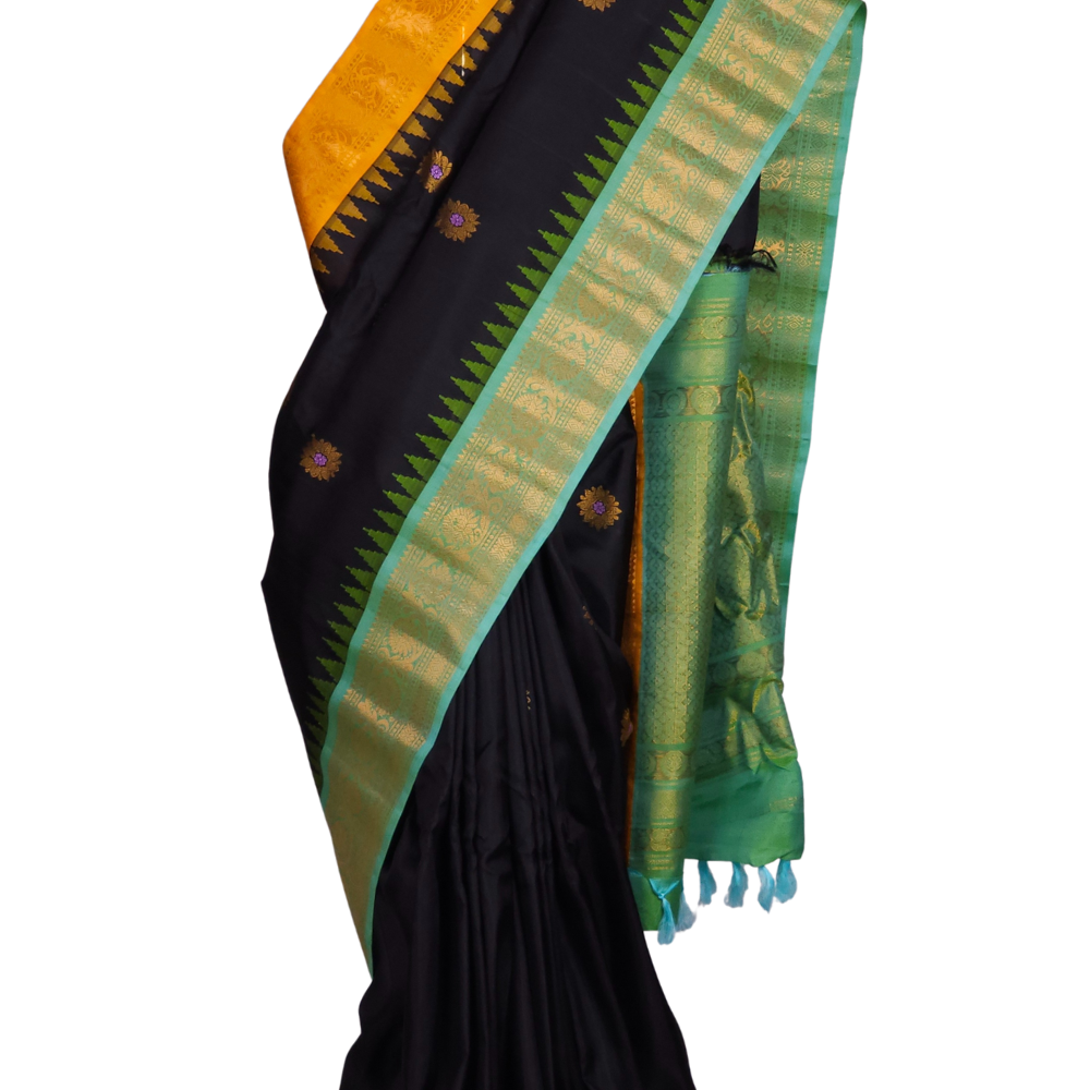 Black Handloom Gadwal Pure Silk Saree with Sea Green and Yellow Ganga Jamuna zari woven borders and rich brocade pallu

