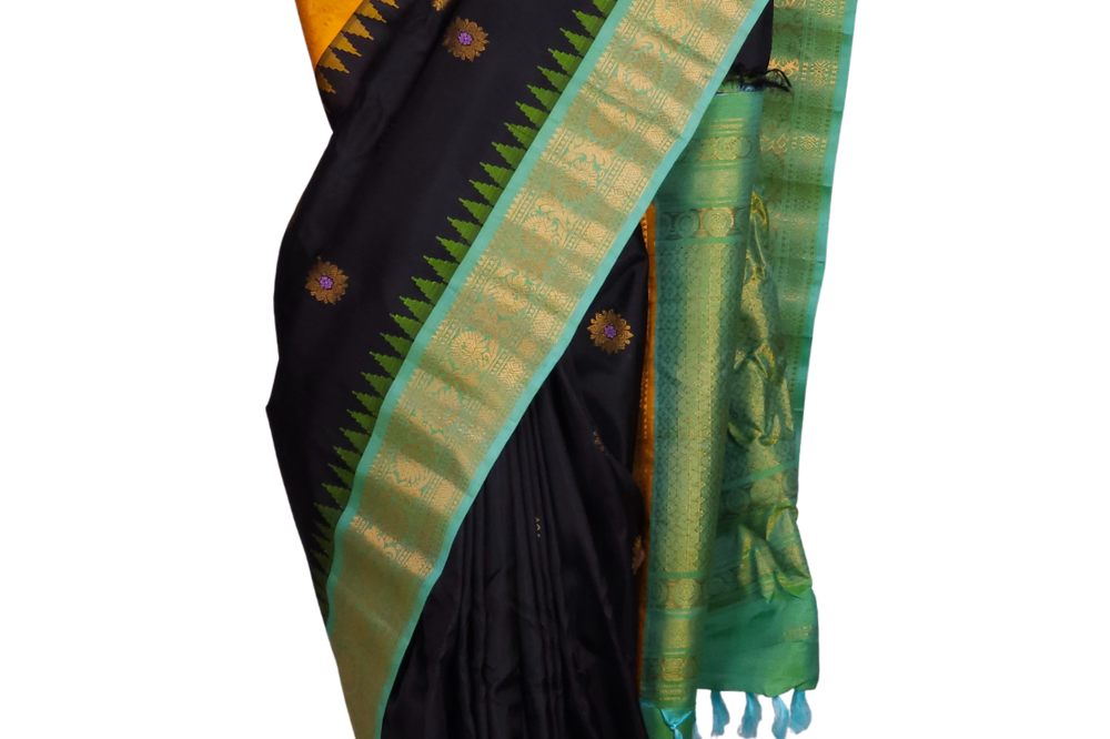 Black Handloom Gadwal Pure Silk Saree with Sea Green and Yellow Ganga Jamuna zari woven borders and rich brocade pallu

