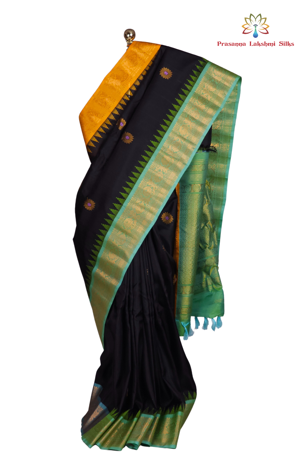 Black Handloom Gadwal Pure Silk Saree with Sea Green and Yellow Ganga Jamuna zari woven borders and rich brocade pallu


