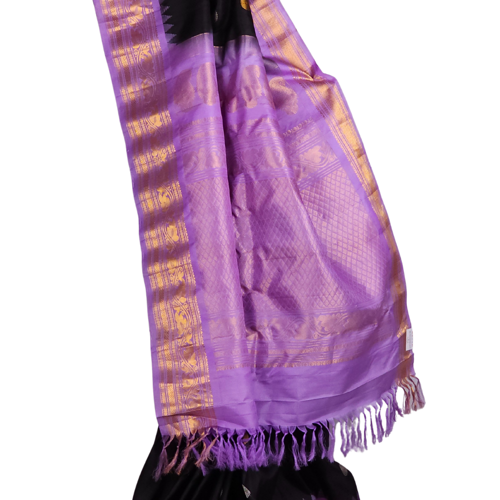 Black Handloom Gadwal Pure Silk Saree with lavender zari woven border and rich brocade pallu

