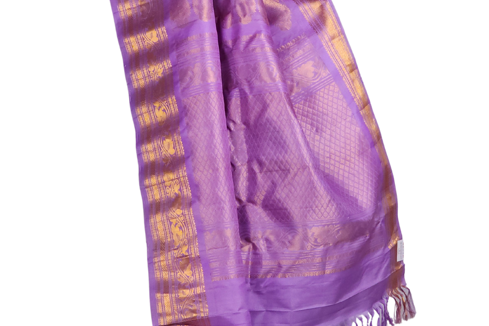 Black Handloom Gadwal Pure Silk Saree with lavender zari woven border and rich brocade pallu

