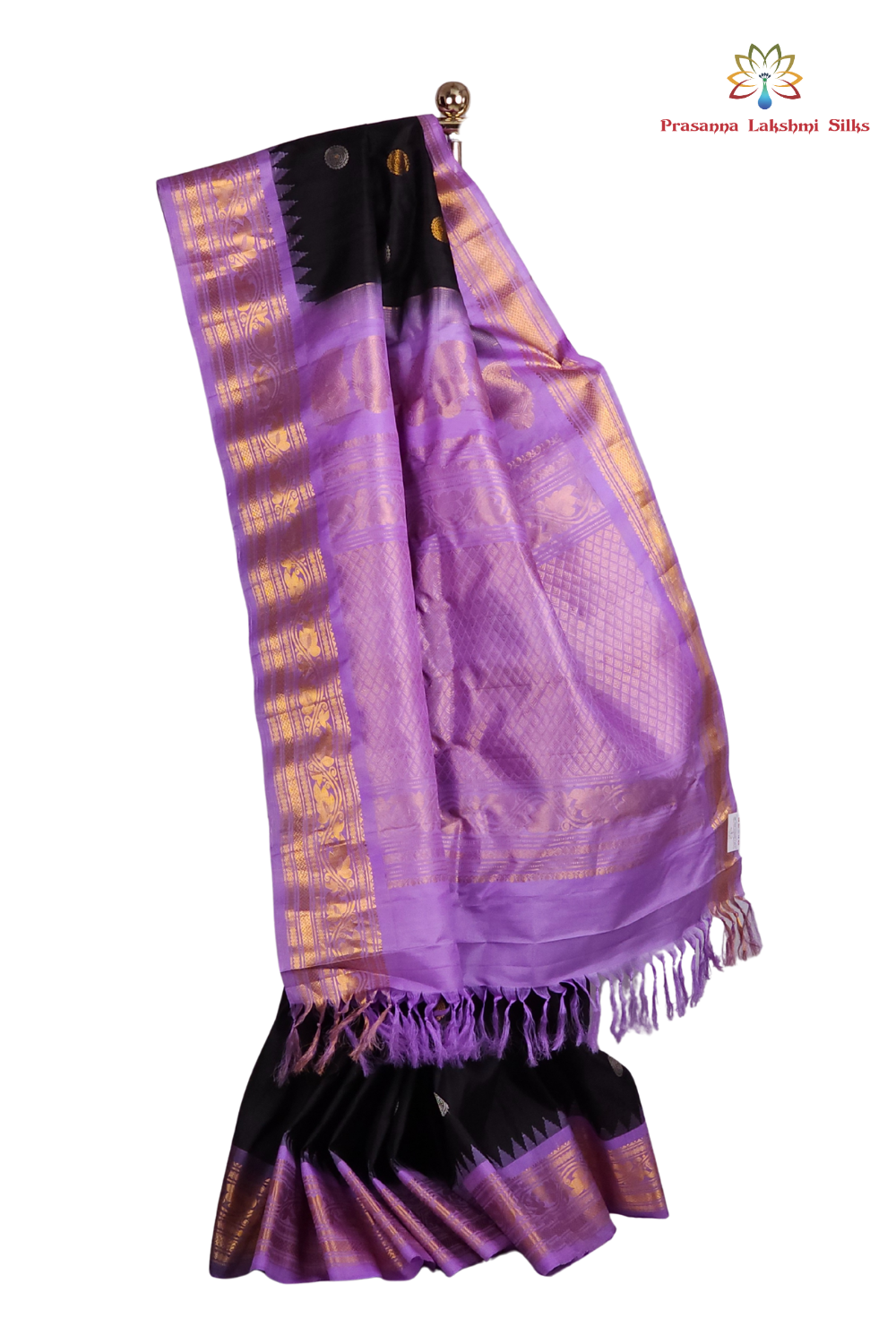 Black Handloom Gadwal Pure Silk Saree with lavender zari woven border and rich brocade pallu

