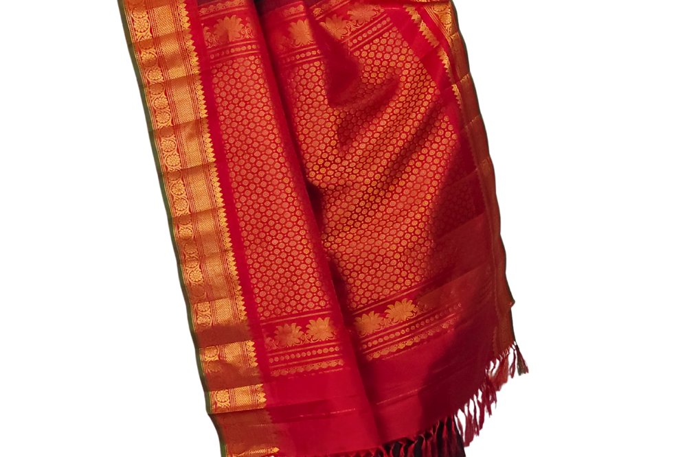 Black Handloom Gadwal Pure Silk Saree with rich red zari woven border and brocade pallu

