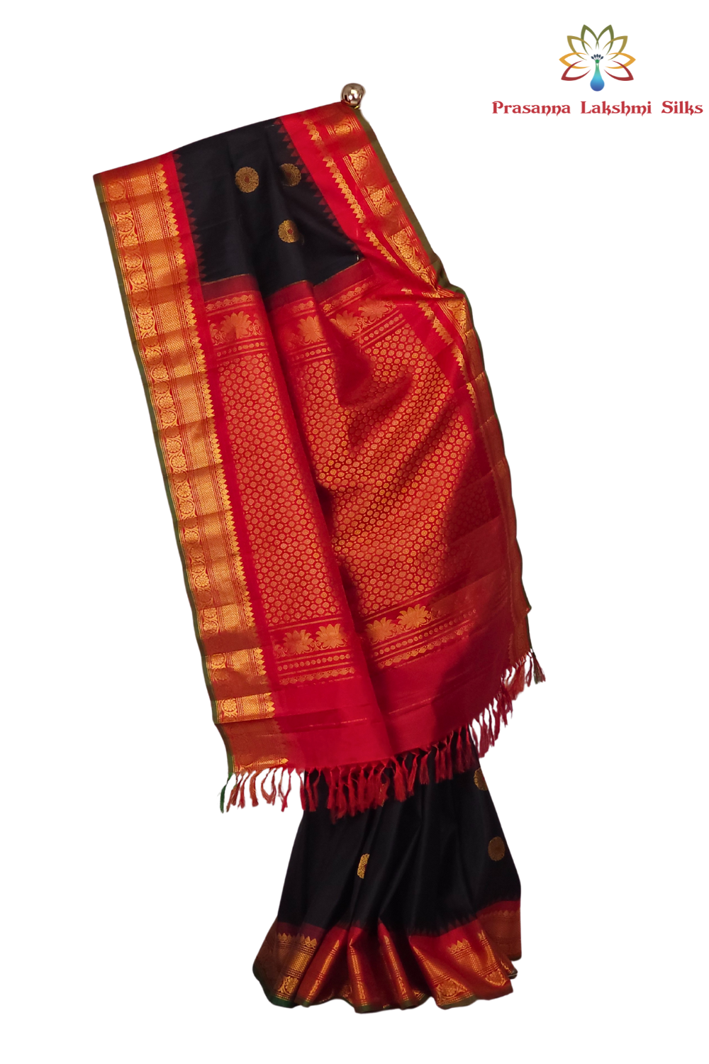 Black Handloom Gadwal Pure Silk Saree with rich red zari woven border and brocade pallu

