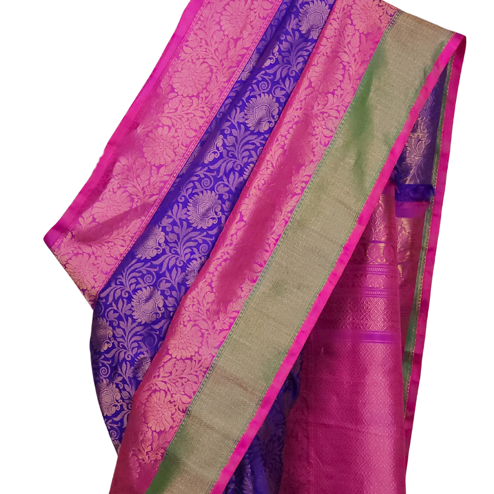 Blue Pure Handloom Gadwal Silk Saree with light pink turning borders and rich zari brocade pallu

