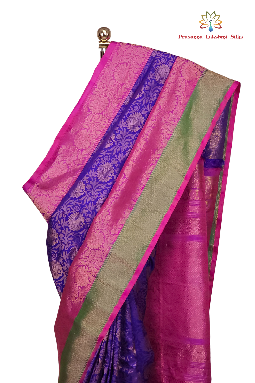 Blue Pure Handloom Gadwal Silk Saree with light pink turning borders and rich zari brocade pallu

