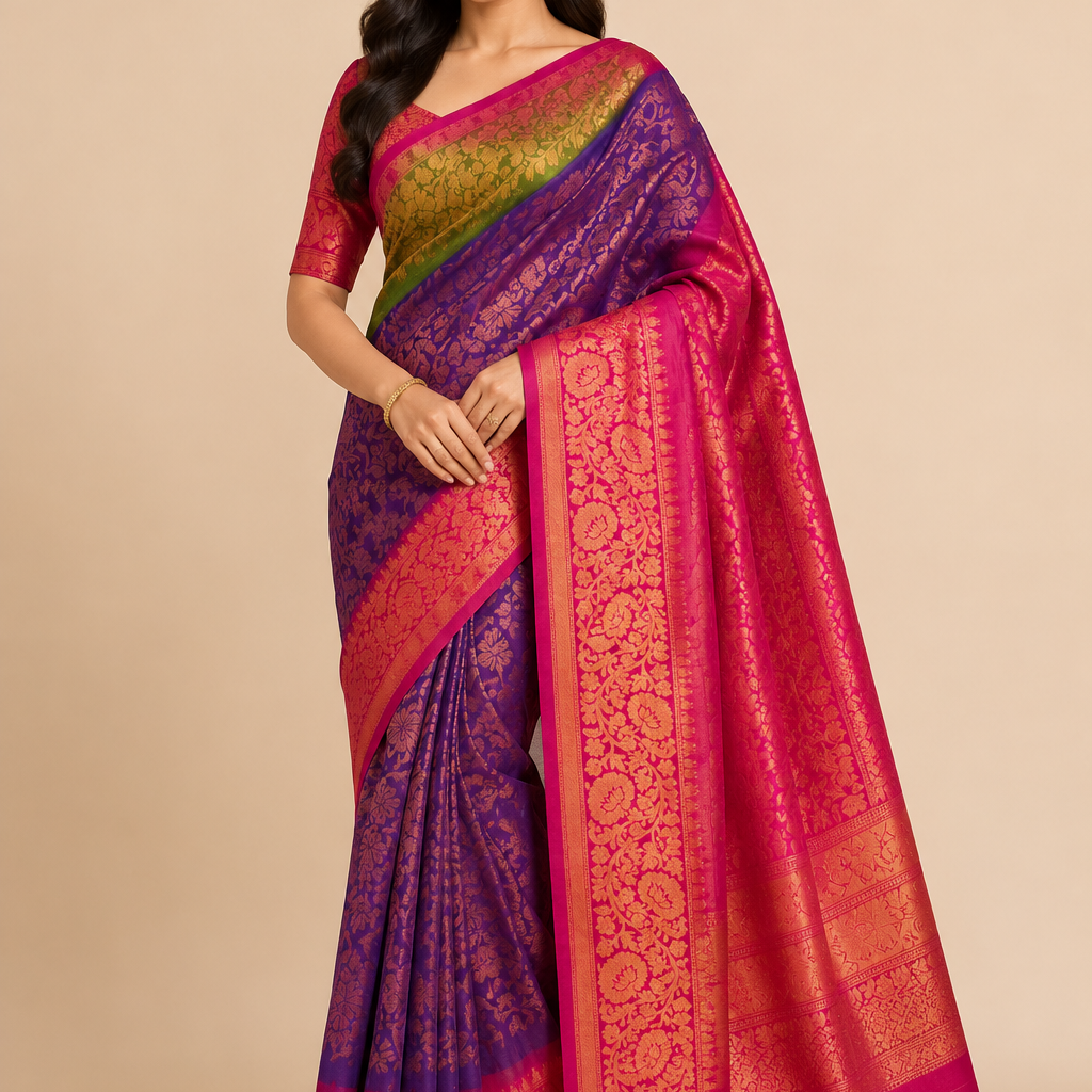 Blue & Red Gadwal Silk Saree with Pink Border