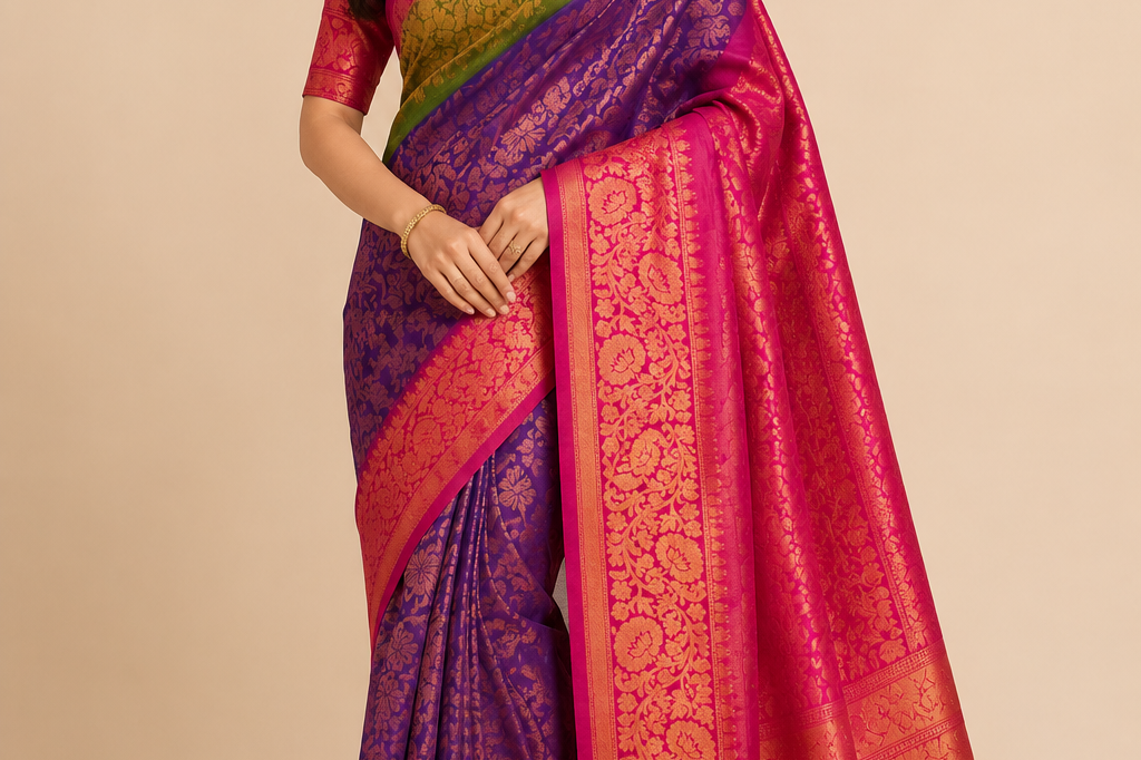 Blue & Red Gadwal Silk Saree with Pink Border
