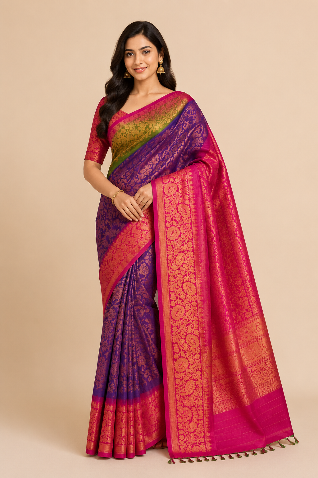Blue & Red Gadwal Silk Saree with Pink Border