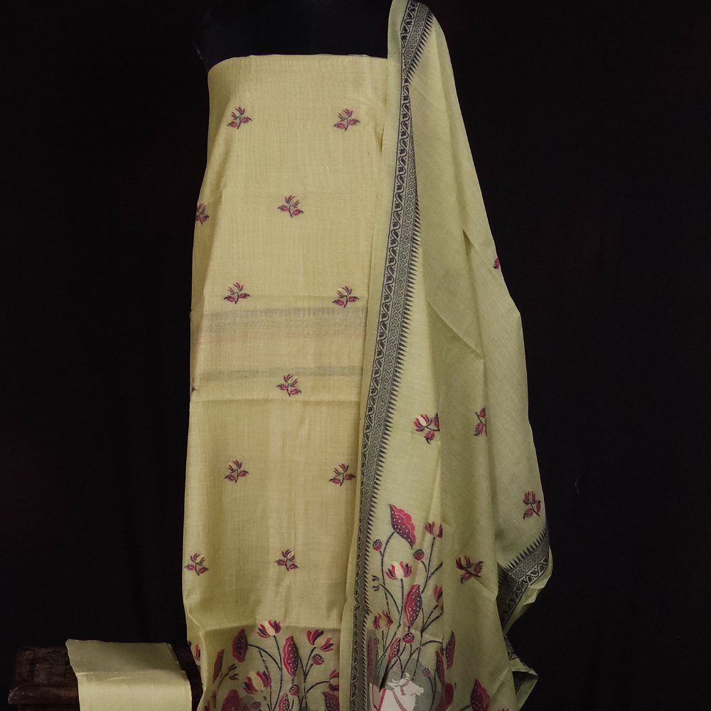 Chanderi top lotus designs across the top designed with cow and floral design
