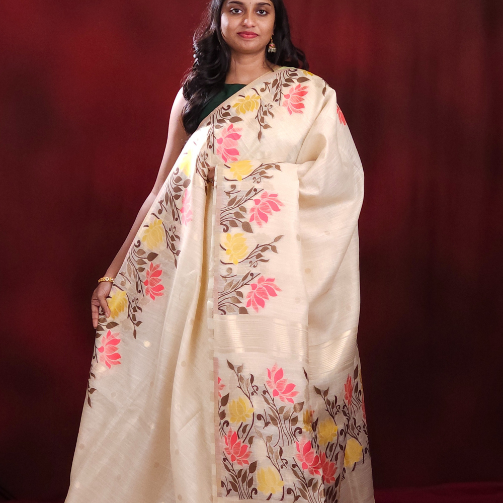 Cream Chanderi Silk Cotton Saree 