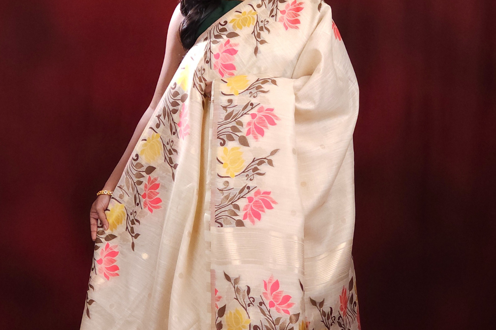 Cream Chanderi Silk Cotton Saree 