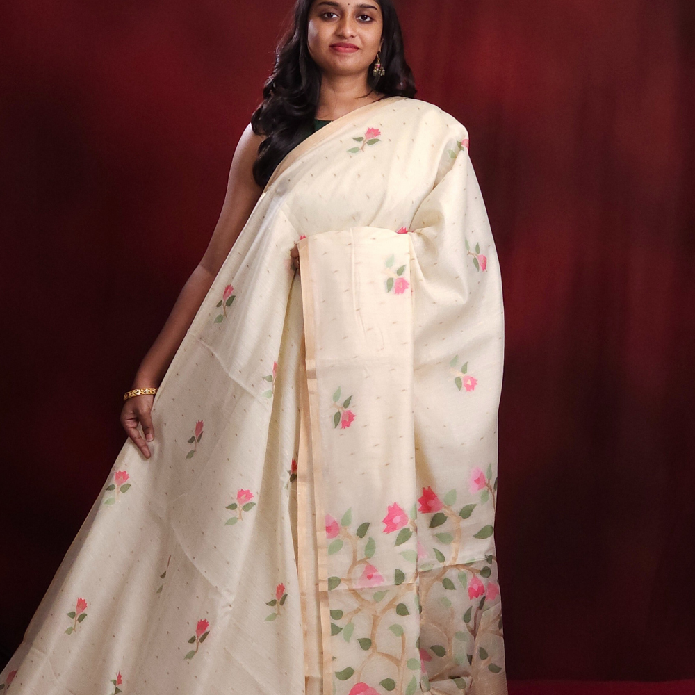 Chanderi silk cotton saree with Jhamdhani weaving  Pallu