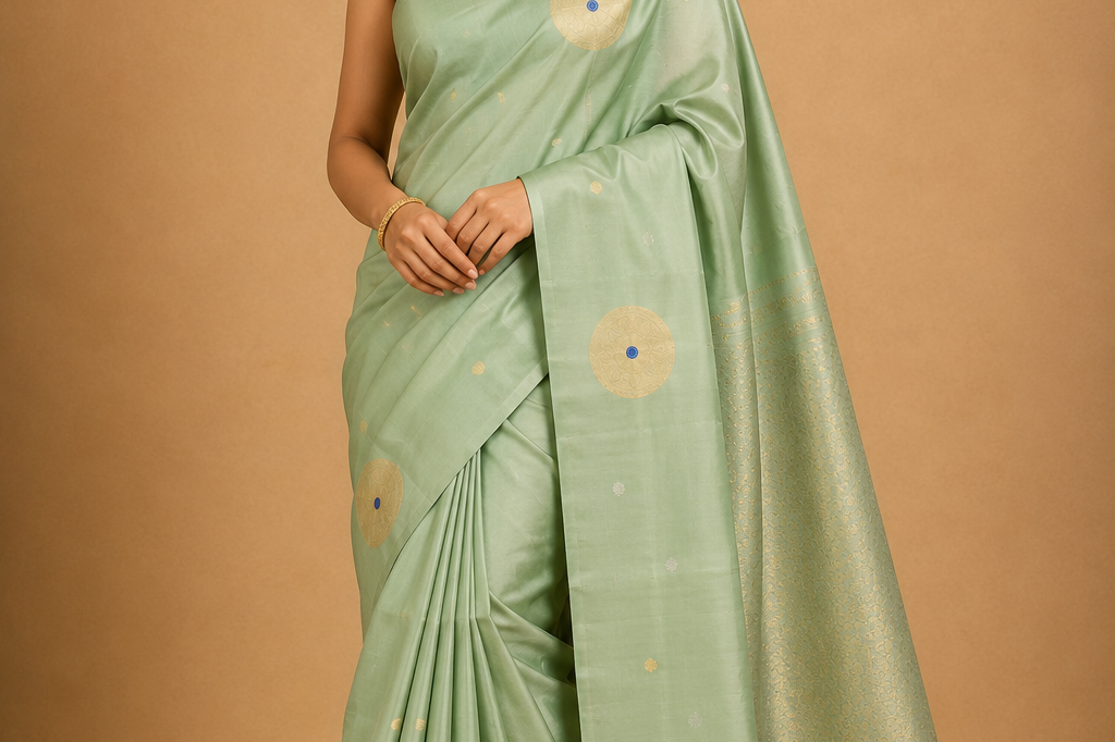 Pure handloom Gadwal silk saree with all-over zari motifs and intricate turning borders
