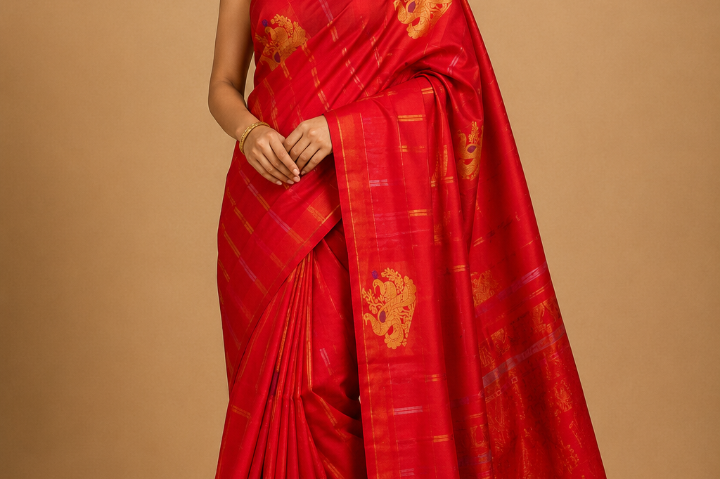 Pure handloom Gadwal silk saree with all-over zari motifs and intricate turning borders
