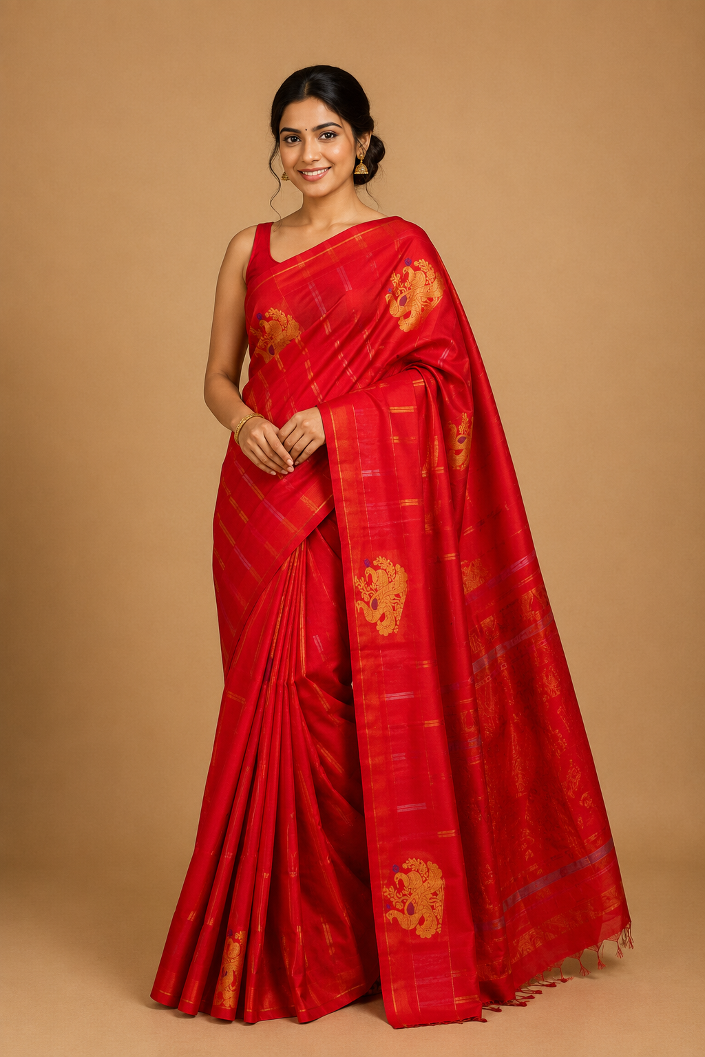 Pure handloom Gadwal silk saree with all-over zari motifs and intricate turning borders
