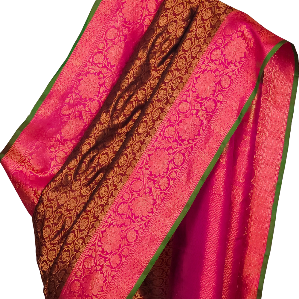 Chocolate Brown Pure Handloom Gadwal Silk Saree with pink turning borders and rich zari brocade pallu

