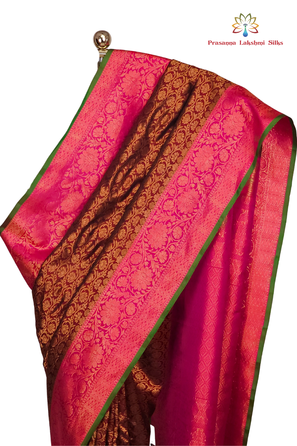 Chocolate Brown Pure Handloom Gadwal Silk Saree with pink turning borders and rich zari brocade pallu

