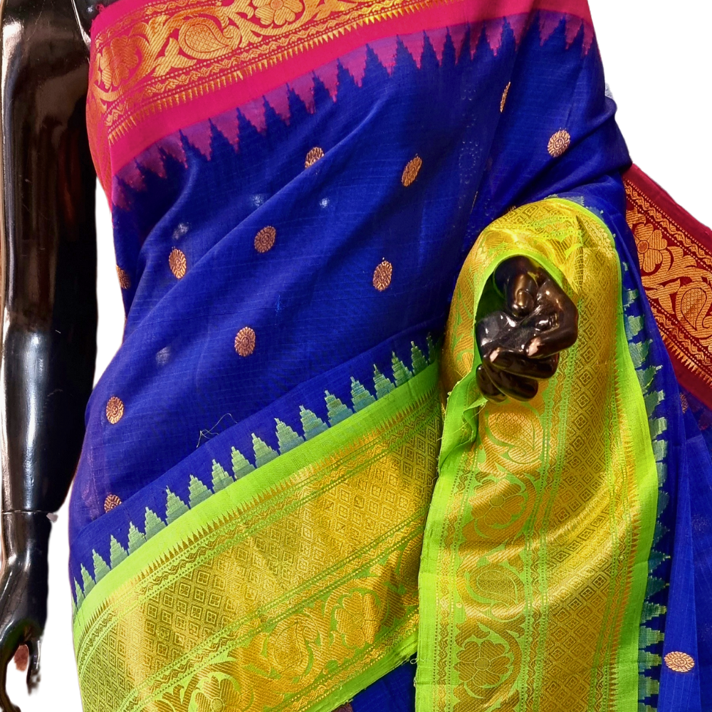 Traditional Gadwal SiCo saree featuring exquisite zari woven borders and blouse piece.
