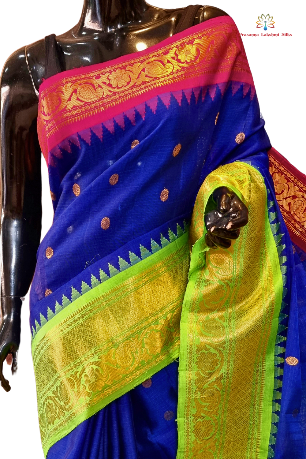 Traditional Gadwal SiCo saree featuring exquisite zari woven borders and blouse piece.
